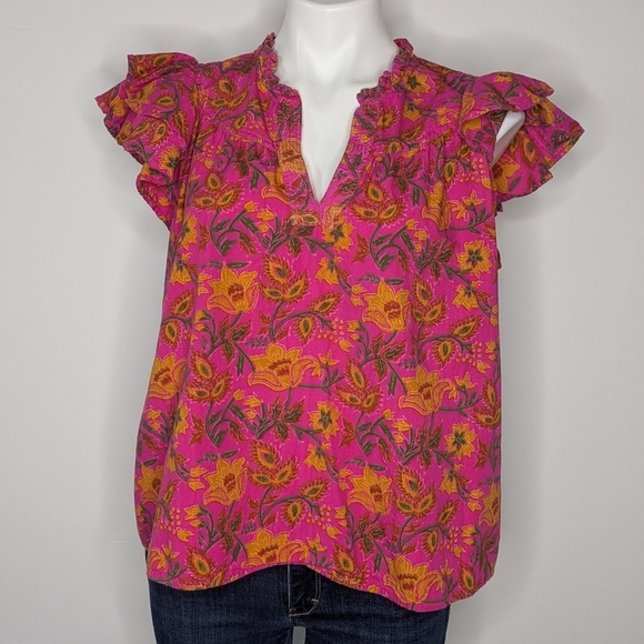 Jennifer Grace Pink Orange Floral Cotton Layered Ruffle Sleeve Top XL - Picture 1 of 8